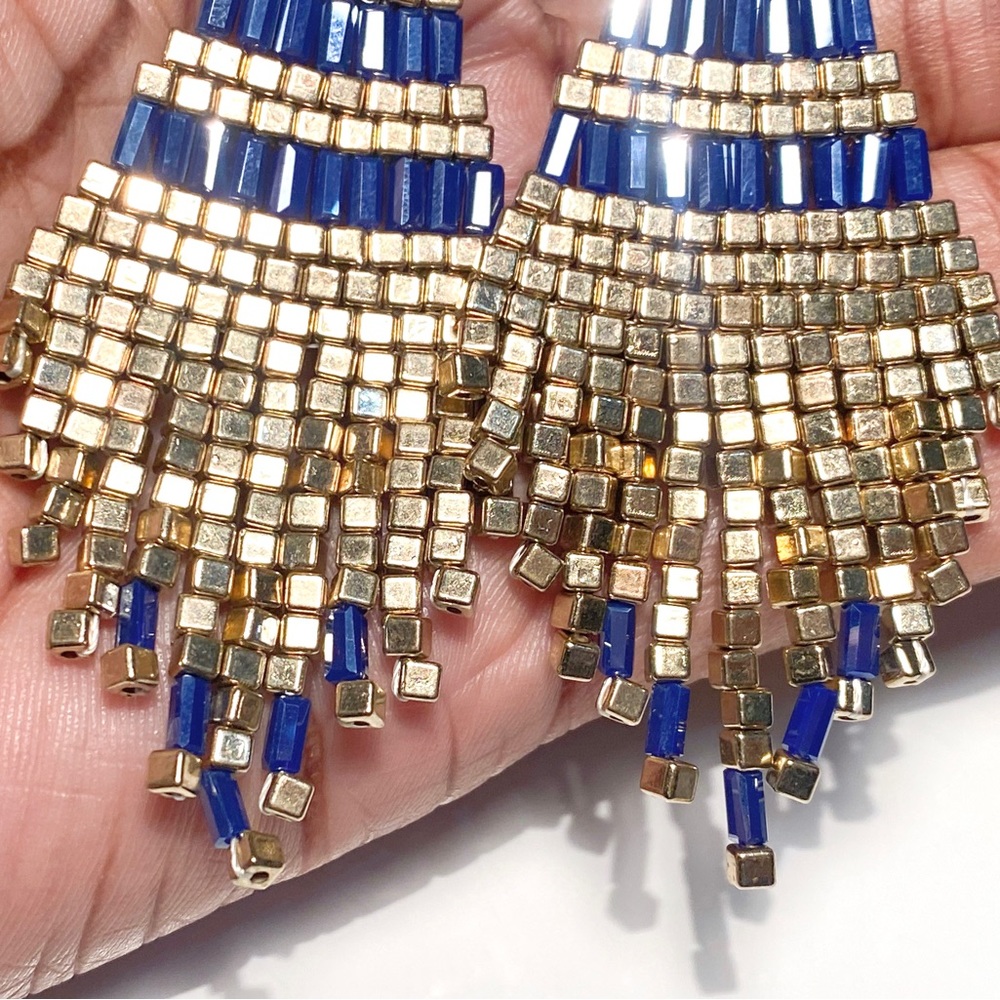 New Iridescent Navy Blue & Metallic Gold Beaded Fringe Earrings, Boho Style - Picture 12 of 14
